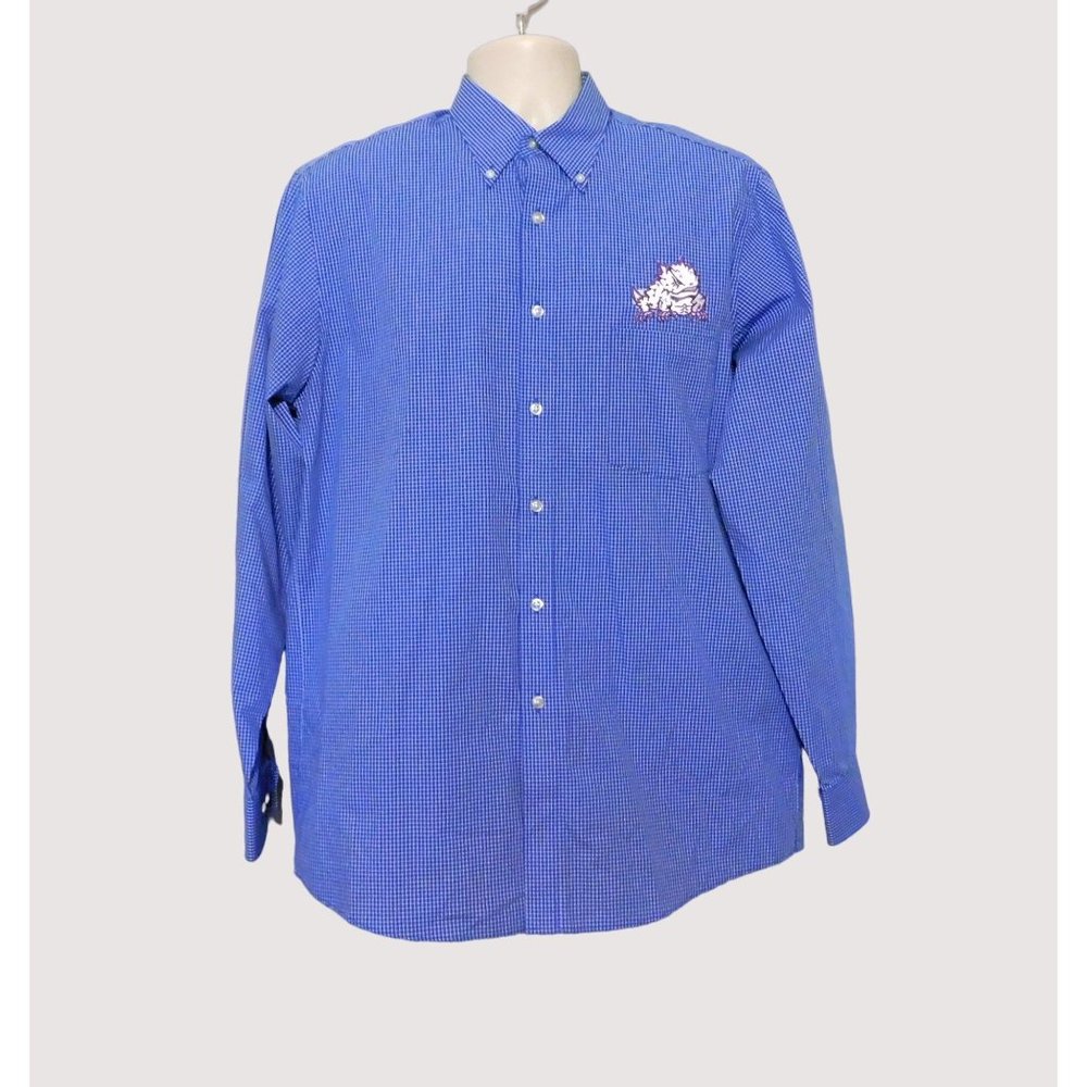 Van Heusen Shirt 15.5-16 34/35 TCU Frog Patch Blue White Check LS Cotton Blend